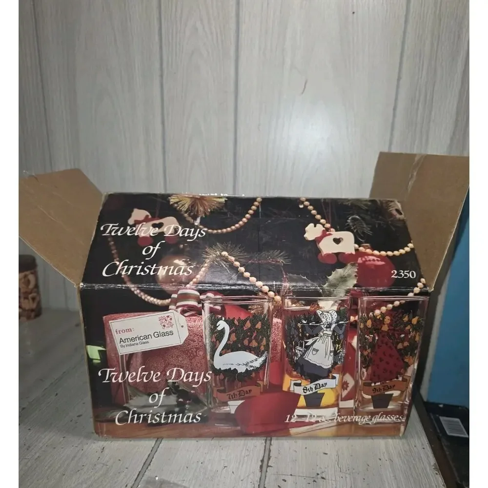 Vtg Indiana Glass 12 Days Of Christmas Glasses 12oz With Box Barware Holiday